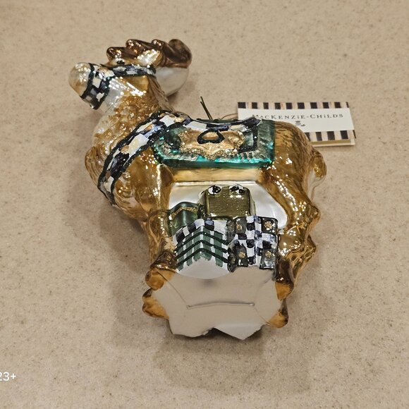 MACKENZIE CHILDS SANTA REINDEER COURTLY CHECK CHRISTMAS HOLIDAY GLASS ORNAMENT - Picture 2 of 13